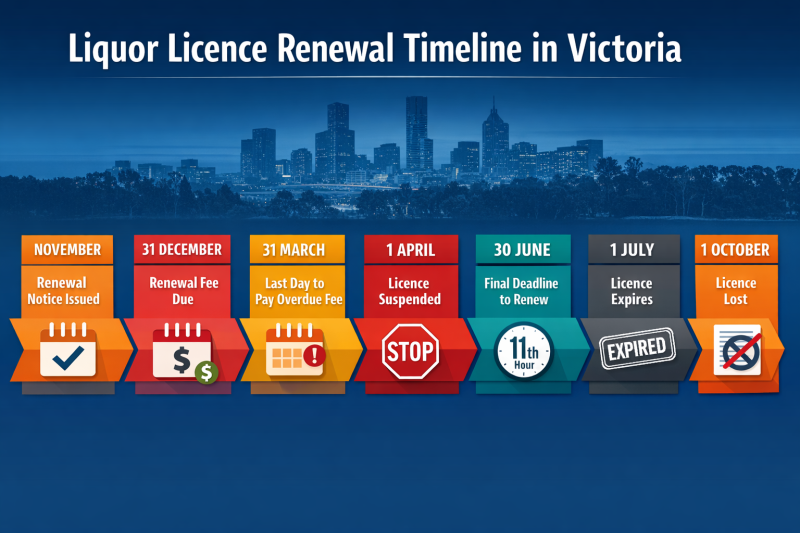 Timeline graphic of Victorian liquor licence renewal deadlines from November to October, showing payment due dates, suspension, expiry, and licence loss stages.